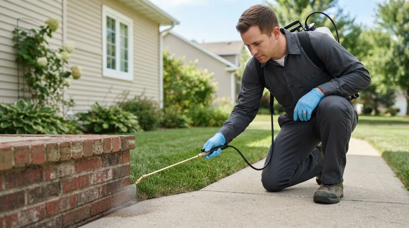 Pest control technician treating a home near Moline, KS